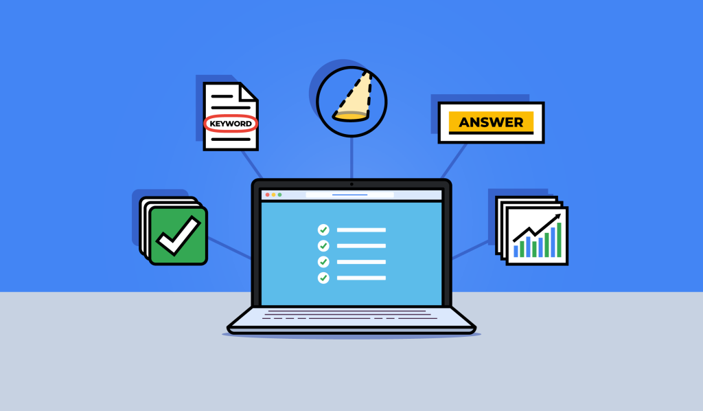 Icons representing five corporate blog best practices to increase conversions surrounding a computer screen